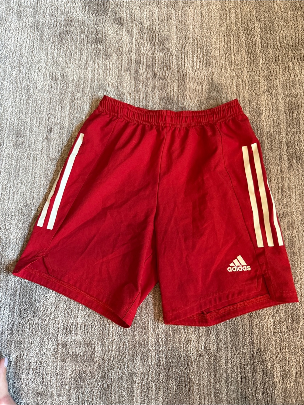 adidas Girls Red Soccer Shorts with White Stripes